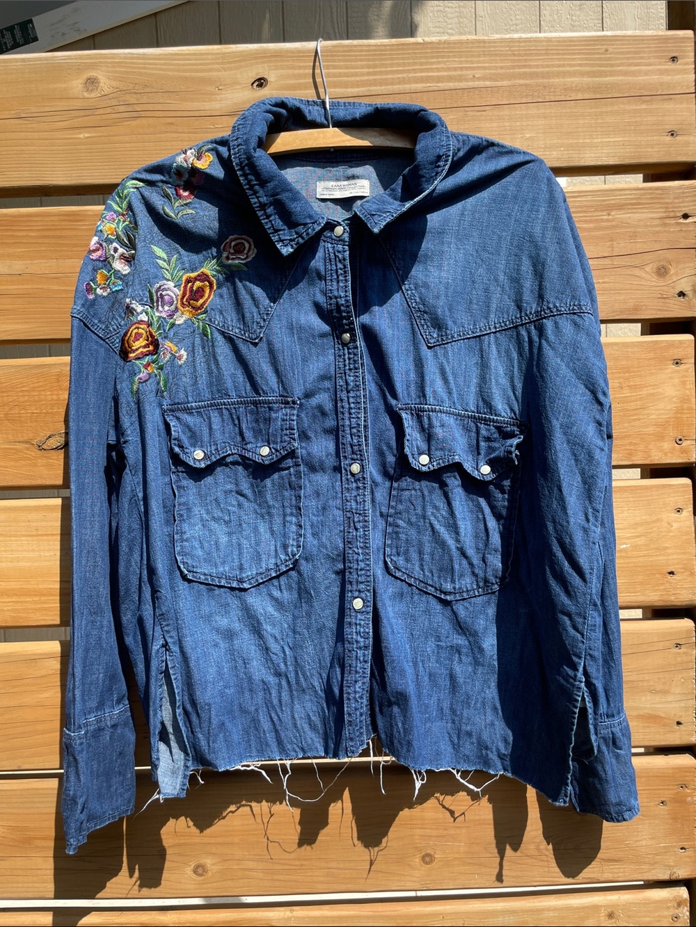 Zara Embroidered Blue Denim Jacket - Floral Shoulder Detail